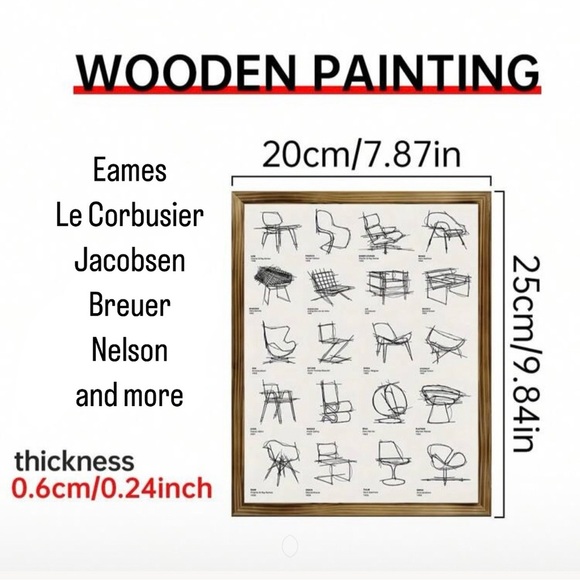 Modern Chairs from Architectural History, Sketches with Labels, Mounted on Wood - Picture 3 of 6